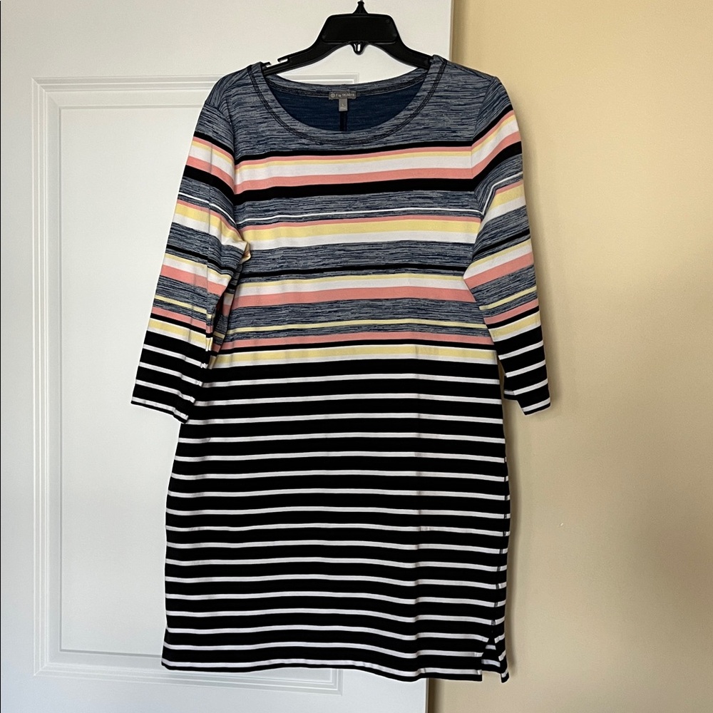 T by Talbots Navy with Multicolor Stripes Long Sleeve Casual Dress